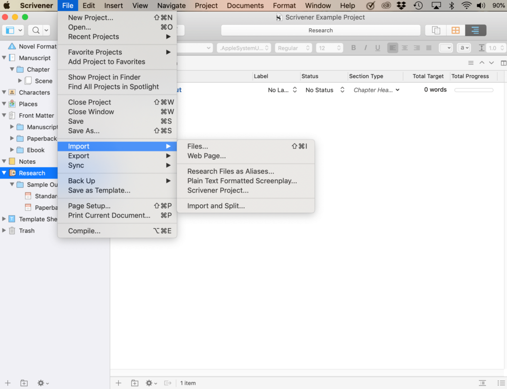 Importing research into Scrivener.
