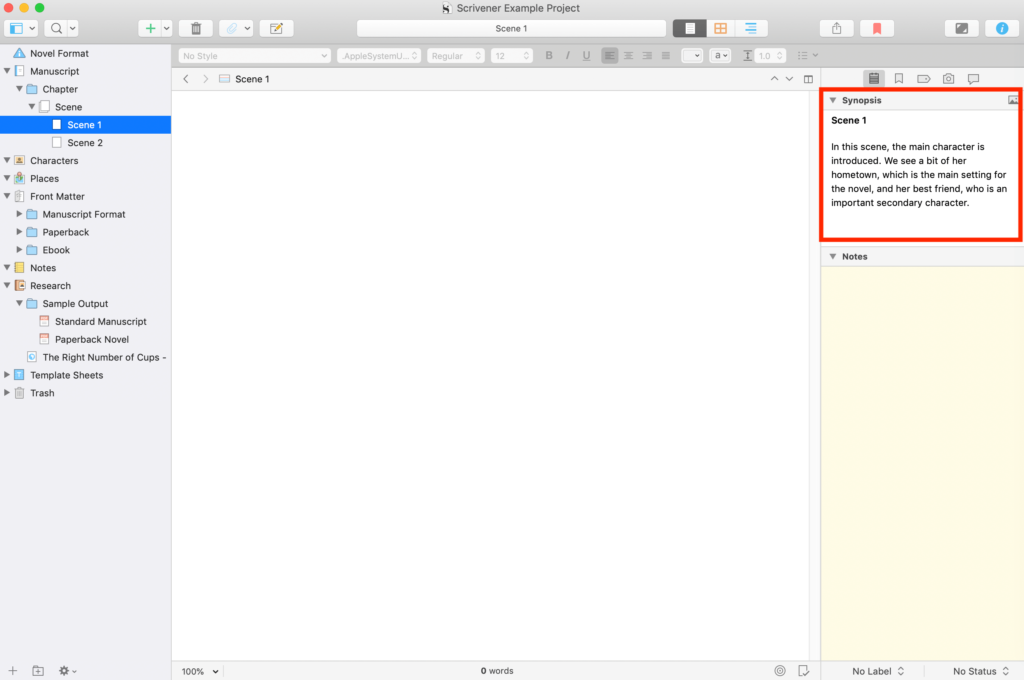 A synopsis in the main composition area in Scrivener.