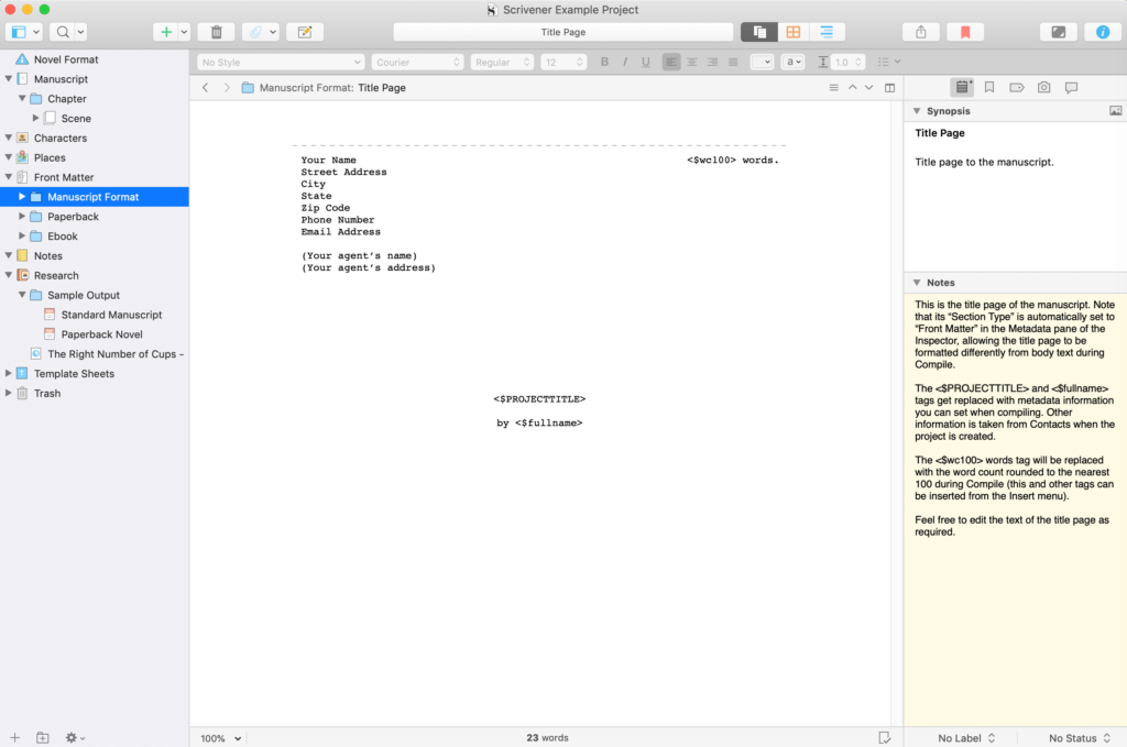 The Novel Manuscript format front matter in Scrivener.