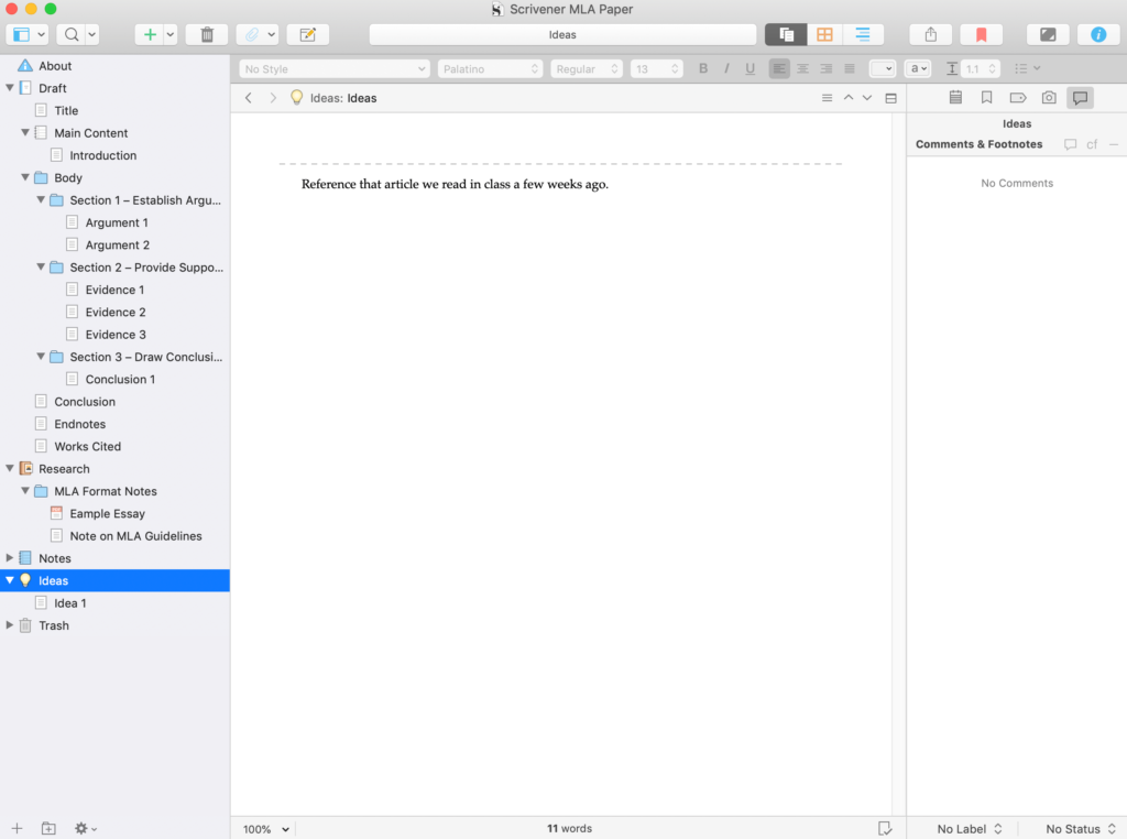 The Ideas section in Scrivener.