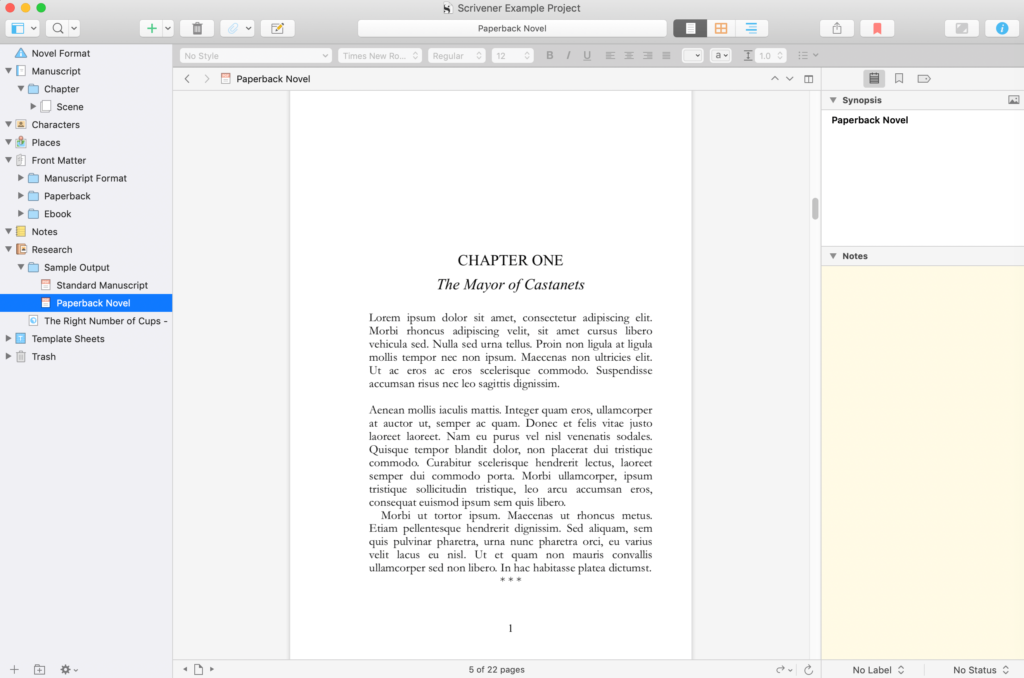 The Novel Paperback sample output in Scrivener.