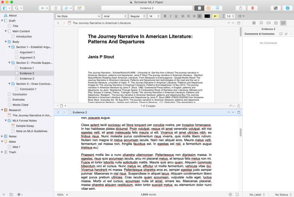 Using Scrivener's Dual Composition feature for an MLA paper.