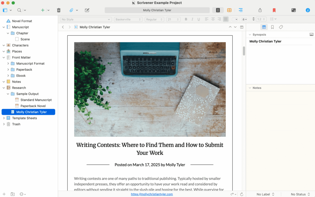 Viewing an imported webpage in Scrivener.