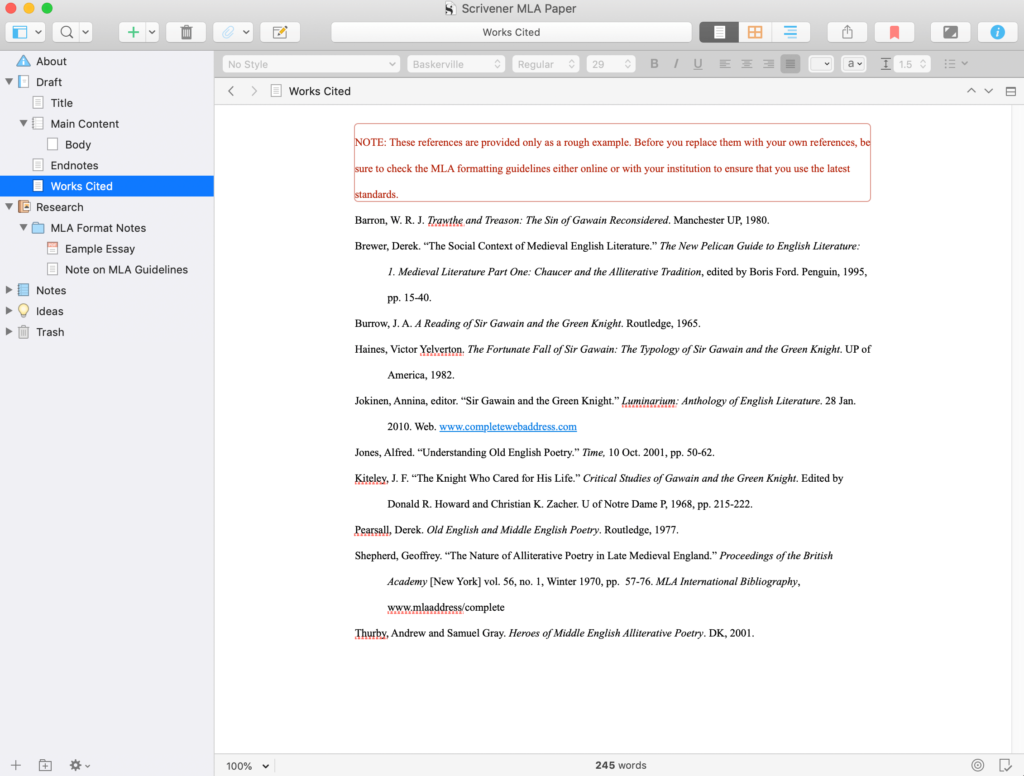 The Scrivener MLA Works Cited template.