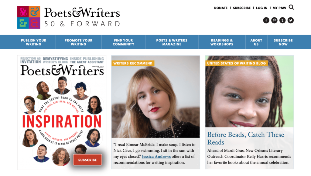 The Poets & Writers homepage.