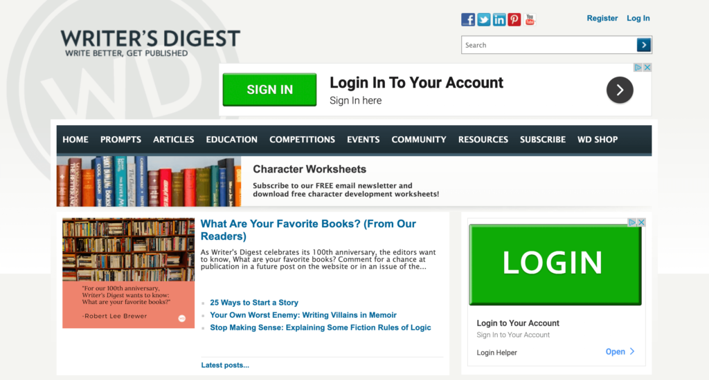 The Writer's Digest homepage.