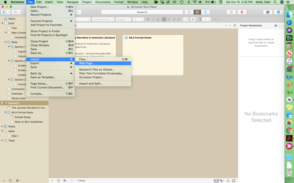 Importing research in Scrivener.