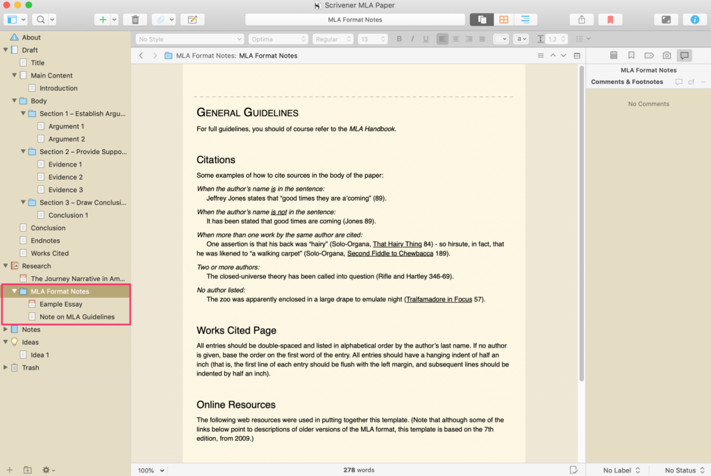 The MLA paper format notes in Scrivener.