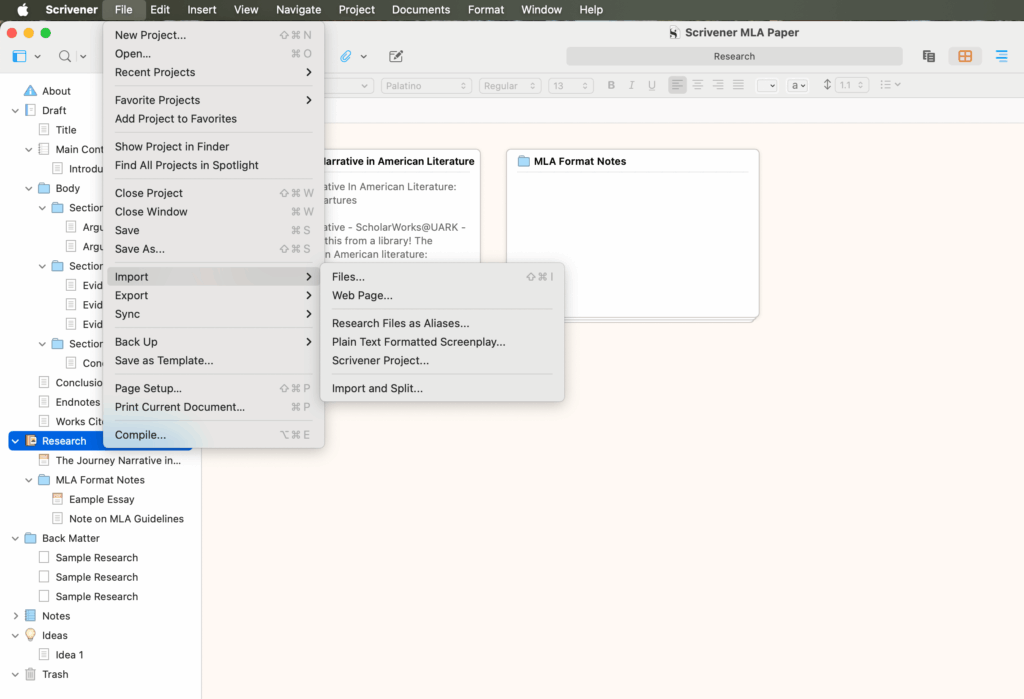 Importing research in Scrivener.