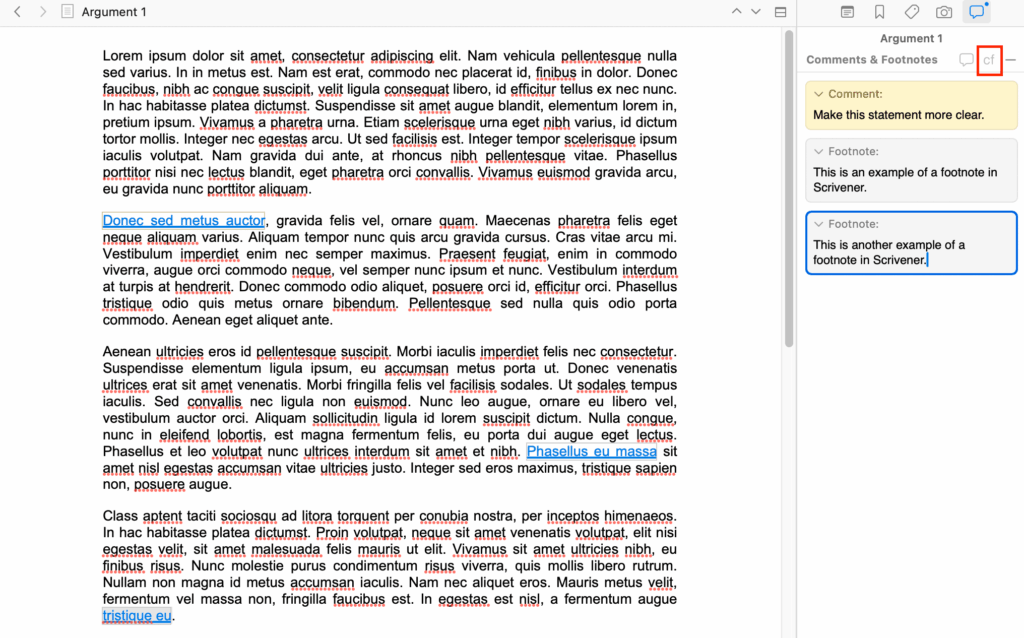 Adding a new footnote in Scrivener.