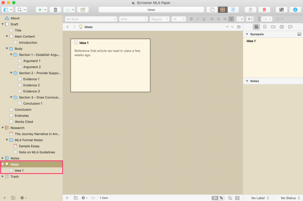 The Scrivener Ideas document.