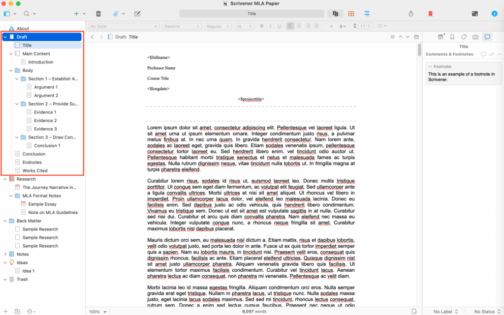 The Binder for an MLA paper in Scrivener.