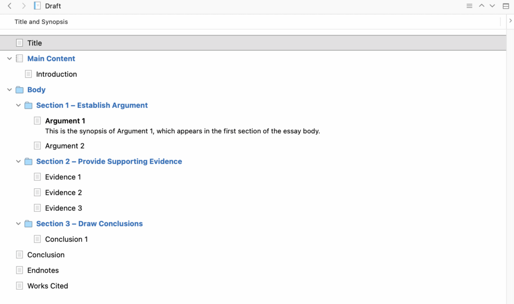 The Scrivener outliner for an MLA paper.