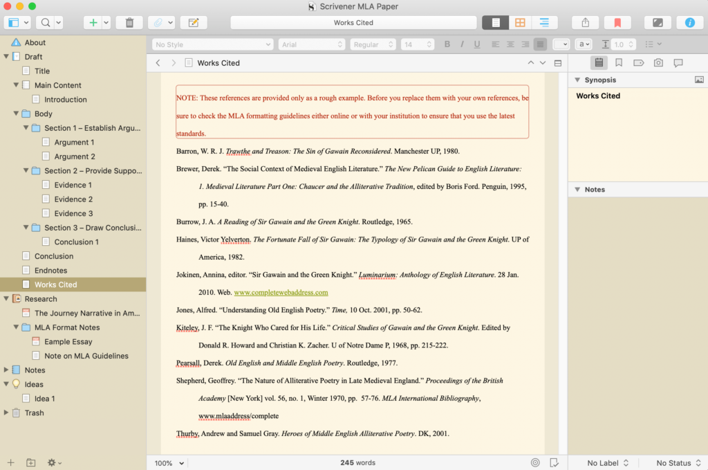 Creating an MLA style Works Cited page in Scrivener.