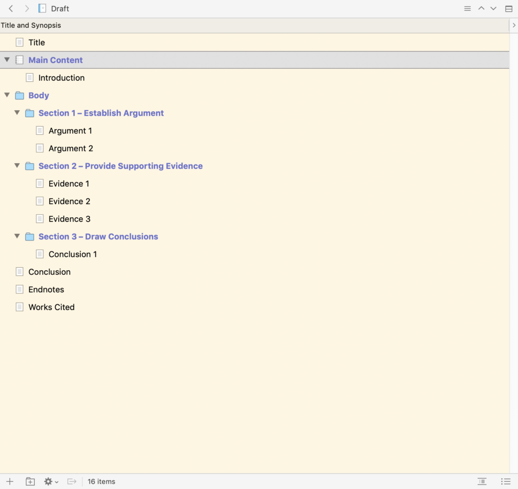 The Scrivener outliner for an MLA paper.