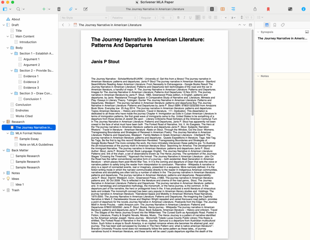Viewing an imported PDF in Scrivener.