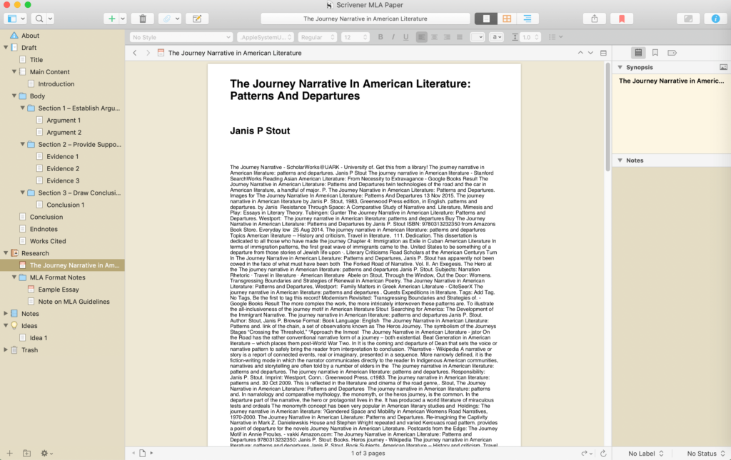 Viewing an imported PDF in Scrivener.