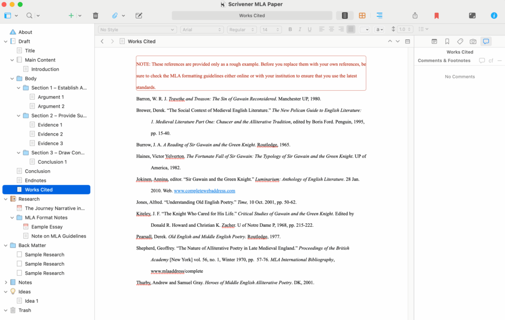 Creating an MLA style Works Cited page in Scrivener.