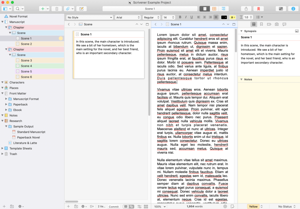 Split view in Scrivener with a notecard and a draft.