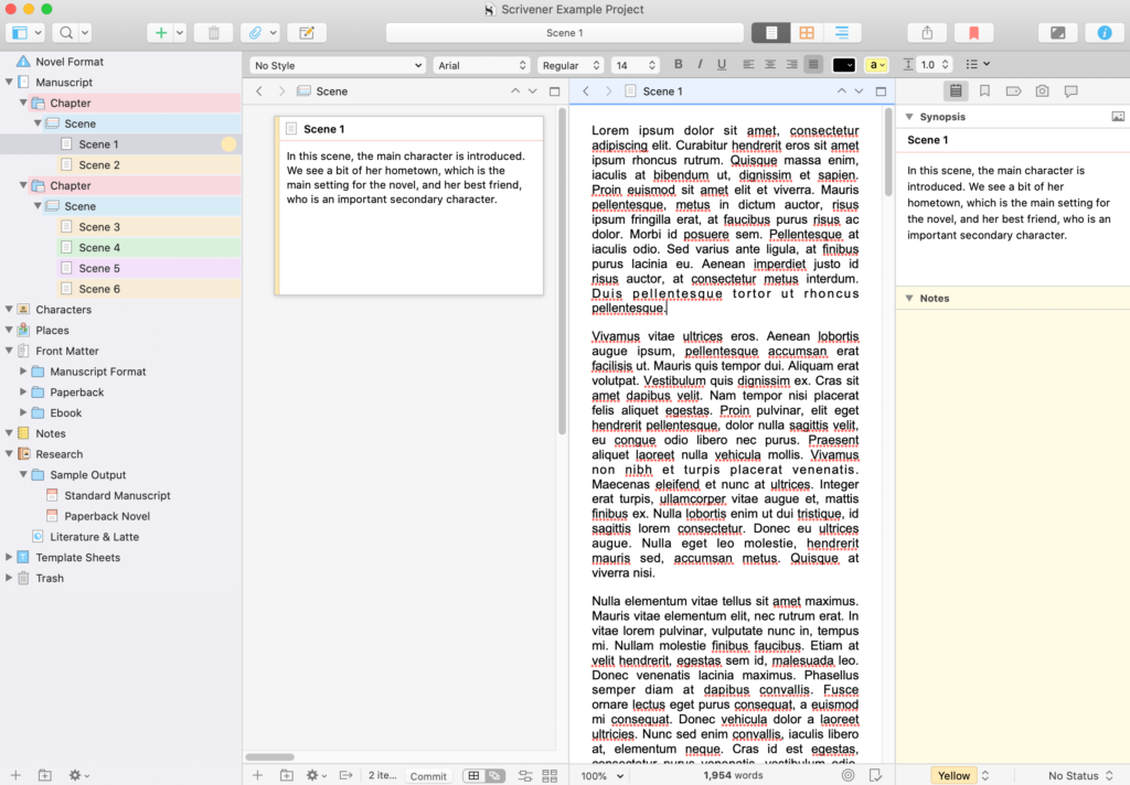 The corkboard and a scene draft in Scrivener's split view.