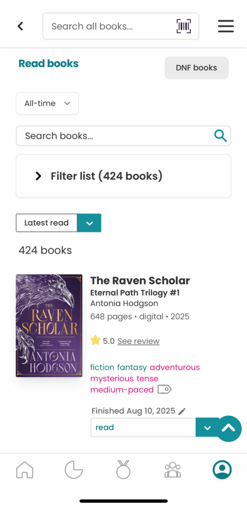 Viewing all read books in StoryGraph.
