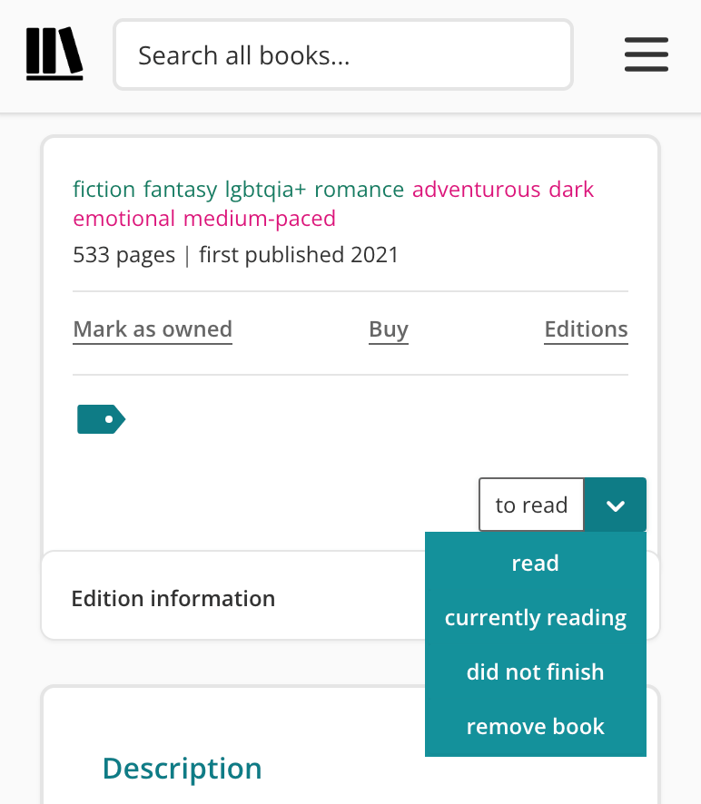 Marking a book as read in StoryGraph.