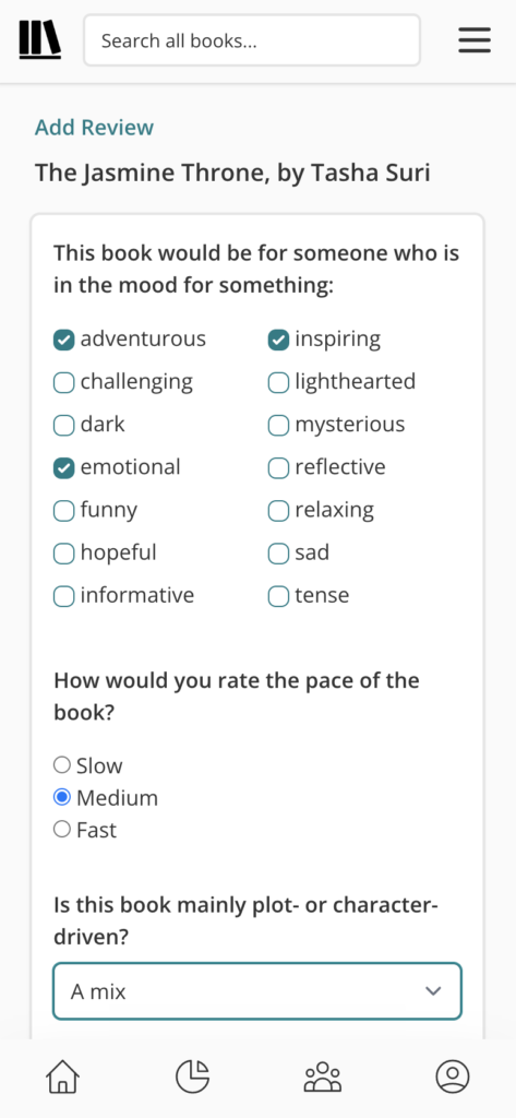 Answering review questions in StoryGraph.