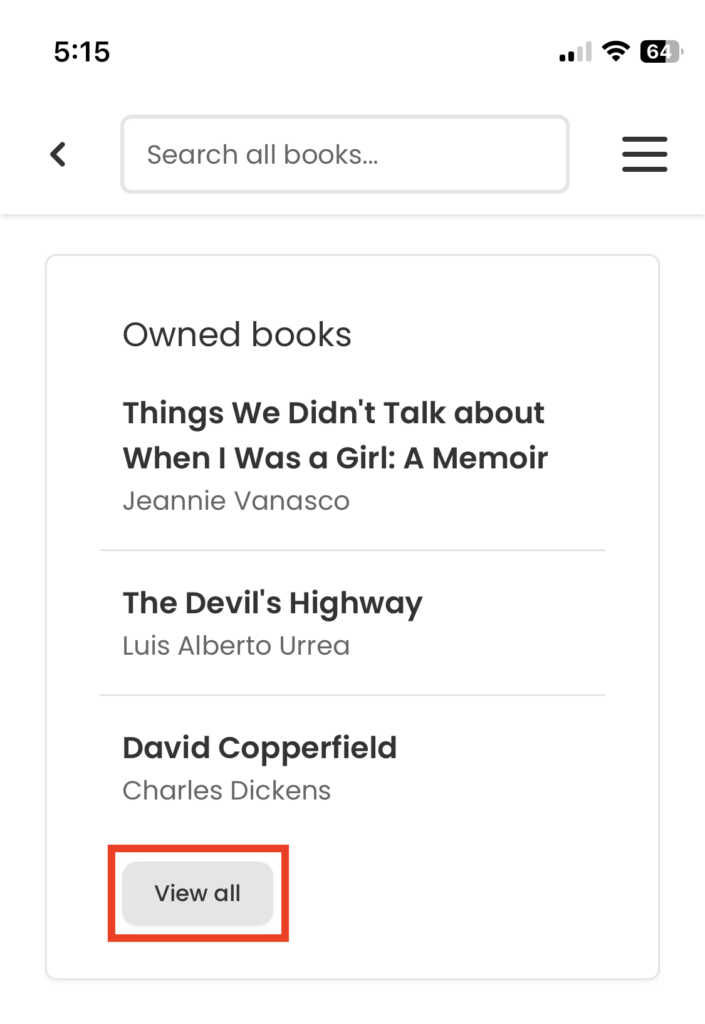 Viewing all owned books in StoryGraph.
