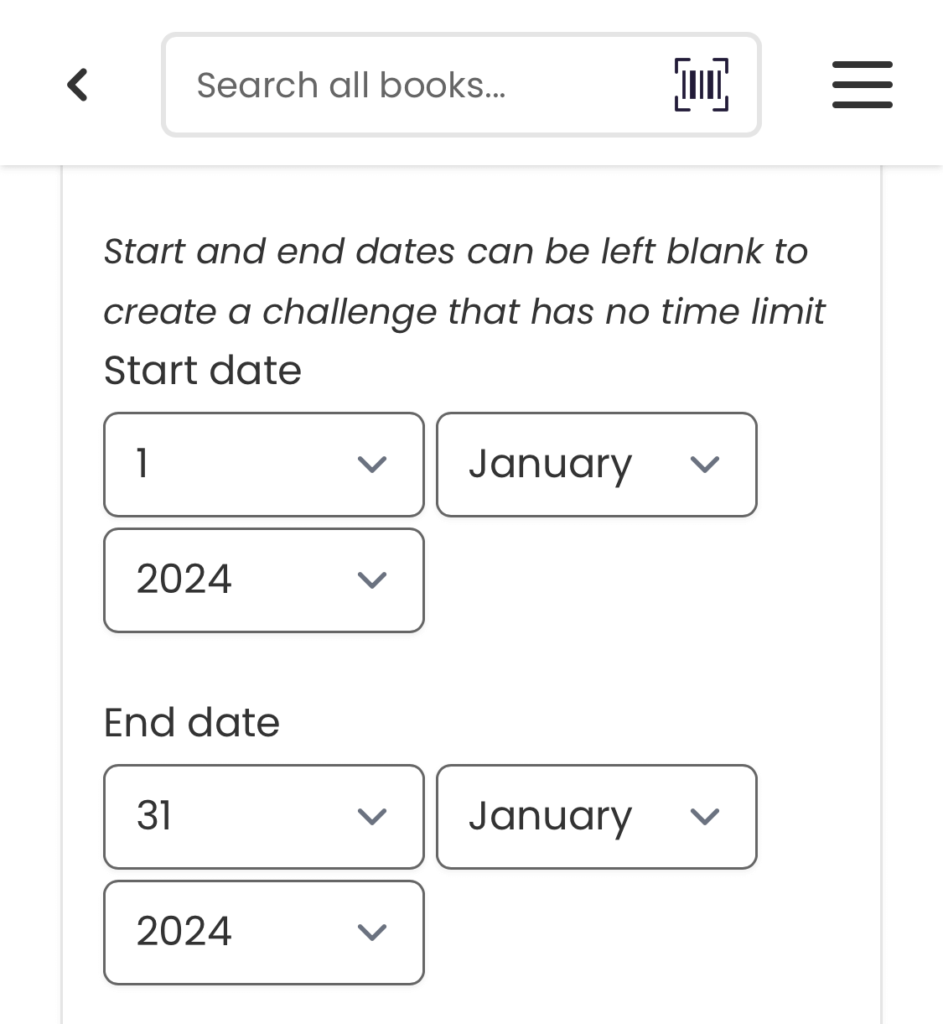 Setting reading challenge start and end dates.