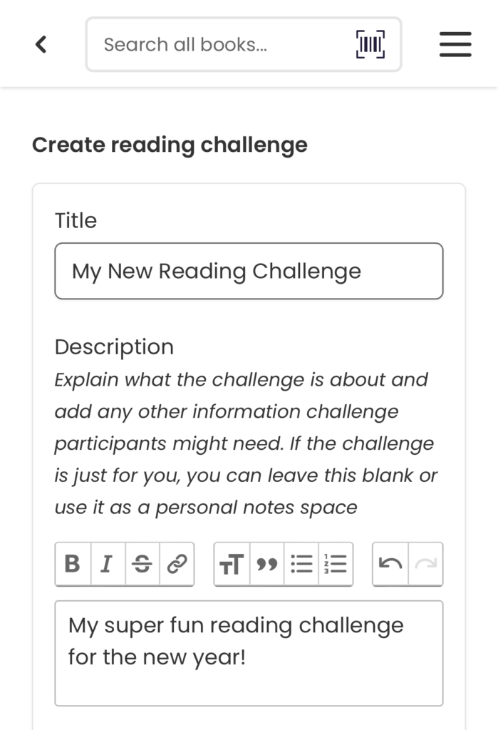 Adding a title and description to a reading challenge.