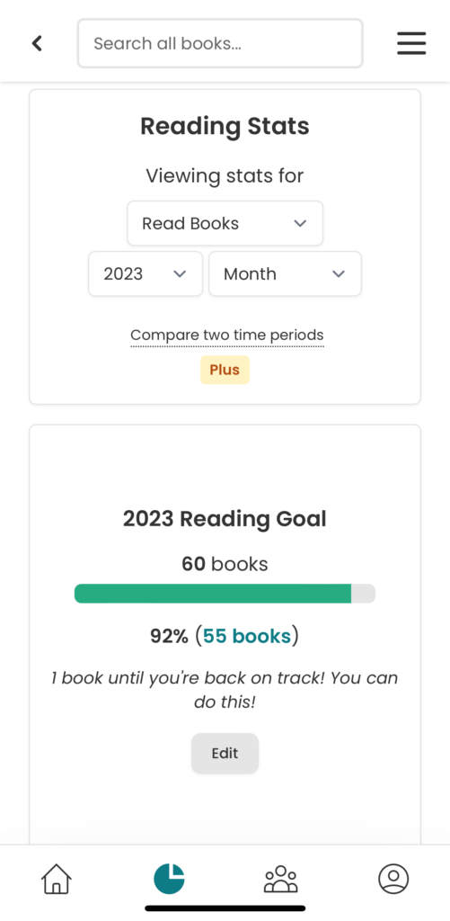 Viewing your StoryGraph reading goal progress on the Stats page.
