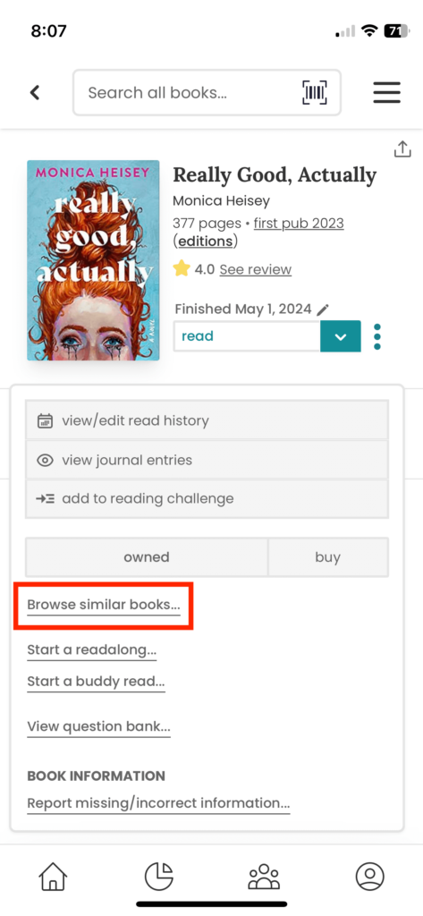 Browse similar books option in StoryGraph.