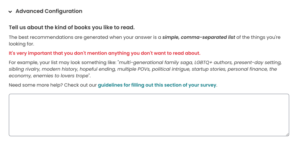 StoryGraph preferences survey advanced configuration.