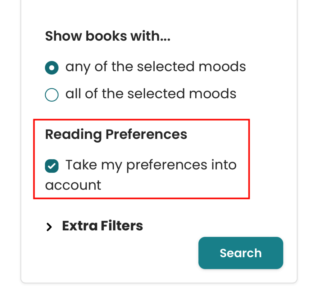 Choosing whether StoryGraph should consider your preferences when returning recommendations.