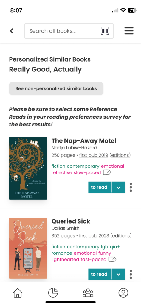 Personalized similar books results in StoryGraph.