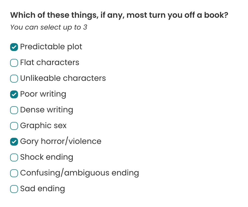 StoryGraph book turnoffs section in the preferences survey.