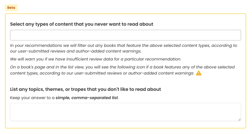 StoryGraph preferences survey content warnings section.