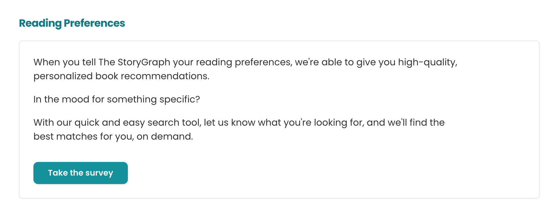 StoryGraph "Take the survey" button.