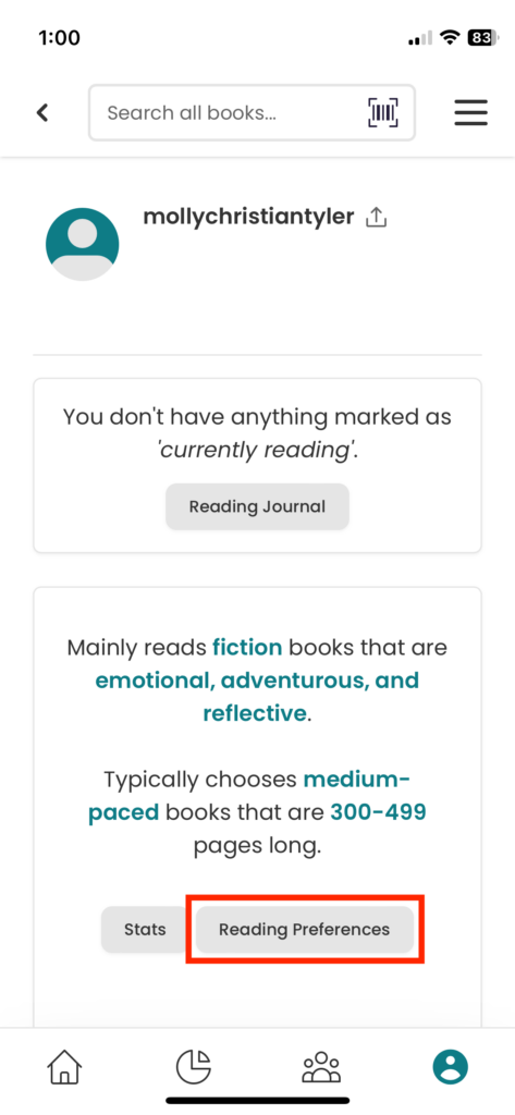 Accessing StoryGraph reading preferences in your profile.
