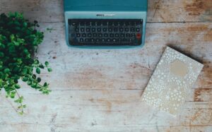 A plant, a teal typewriter, and a journal sitting on a desk